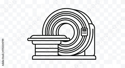 A line drawing of a medical MRI machine on a transparent background with a simple black line art style.