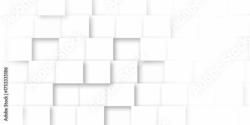 Random shifted white cube boxes block background wallpaper banner with copy space. Modern Abstract White texture cube box wall room,3D Rendering .