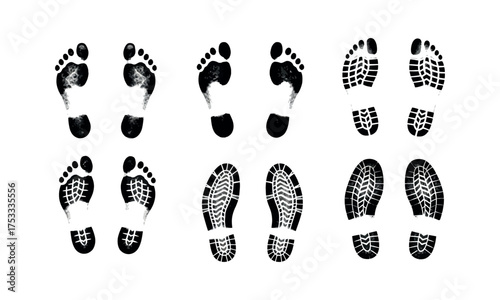 Collection of six diverse footprint and shoe print impressions showing different tread patterns and stride lengths