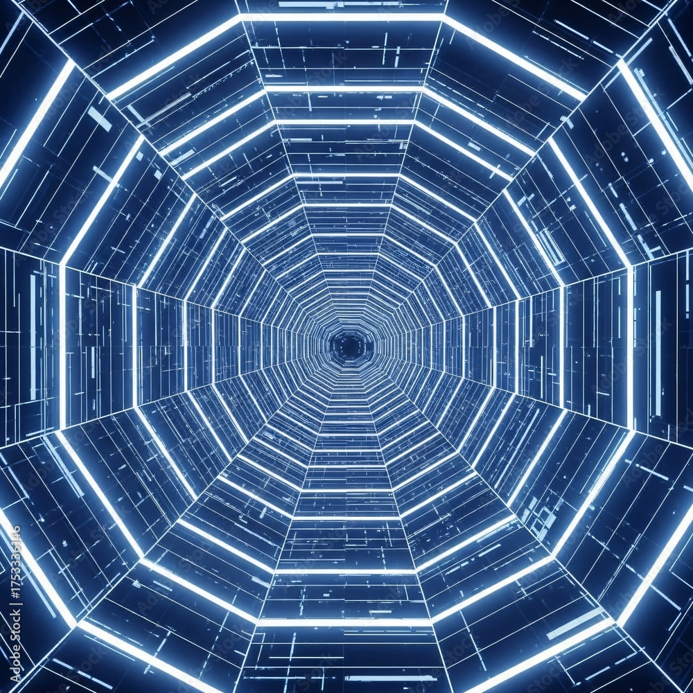 Obraz premium Abstract digital tunnel with glowing geometric patterns and blue neon lights receding into darkness