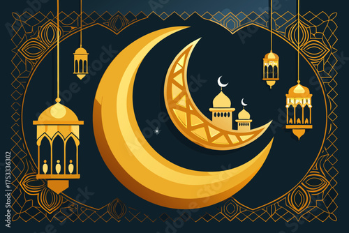 Elegant Ramadan Mubarak Greeting with Golden Crescent Moon and Lanterns.