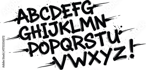 Brush Stroke Alphabet with splatters, Painted A to Z Letters, Grunge Style Font