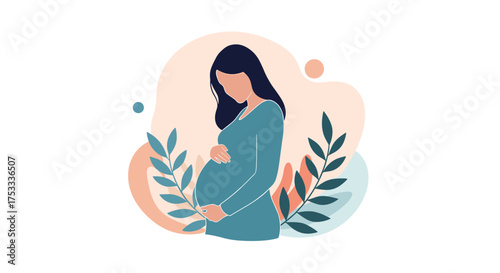 An artistic representation of a pregnant woman holding her belly surrounded by natural elements.