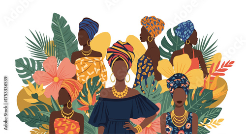Vibrant African women adorned in colorful headwraps and jewelry surrounded by lush foliage.