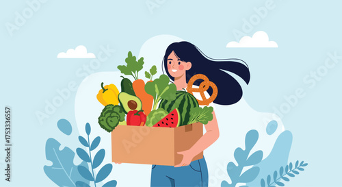 A woman holding a box of fresh healthy groceries and produce.