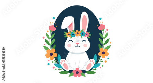 A cute white bunny wearing a flower crown in an Easter egg shape surrounded by spring flowers and leaves.
