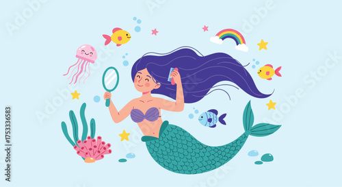 A charming mermaid combing her long purple hair with a mirror surrounded by colorful sea creatures and a rainbow.