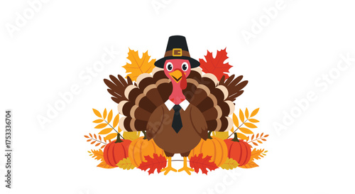 A friendly turkey wearing a pilgrim hat celebrates thanksgiving surrounded by pumpkins and autumn leaves.