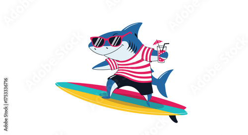 A cool cartoon shark wearing sunglasses and a striped shirt rides a surfboard with a drink.