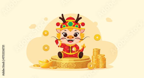A cute cartoon dragon cub in traditional Chinese clothing sits on a golden pedestal.
