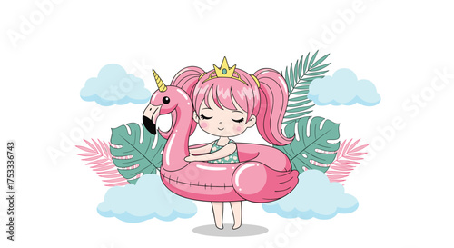 A cute cartoon girl wearing a crown rides on a pink flamingo float in the ocean surrounded by palm leaves and clouds.