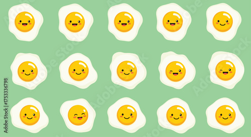 A delightful pattern of cartoon fried eggs with happy faces in various expressions.