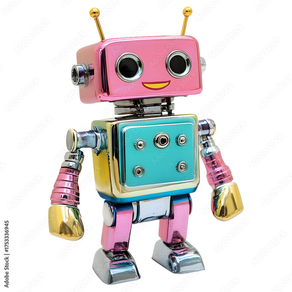 Fototapeta premium Cute colorful retro robot toy with shiny metallic accents isolated on transparent background