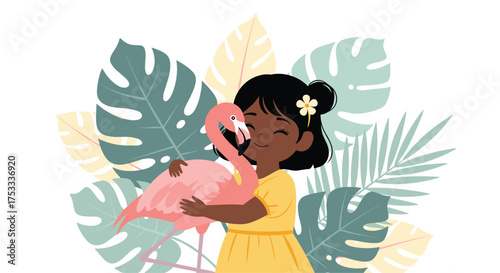 A young girl hugs a pink flamingo surrounded by lush tropical leaves.