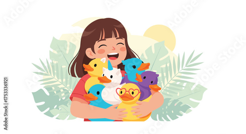 A happy young girl is hugging a bunch of colorful rubber ducks.