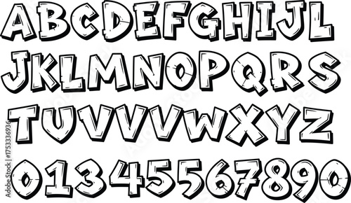 Cartoon Alphabets and Numbers with Bold Black Outlines on a White Background