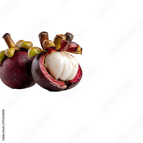 Fresh mangosteen fruit, vibrant purple and white, reveals juicy segments, perfect for healthy eating and culinary use, studio shot
