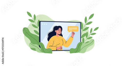 A woman on a computer screen interacting with a chatbot while surrounded by green leaves.