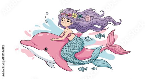 A whimsical illustration of a cute mermaid riding a pink dolphin through blue waters.