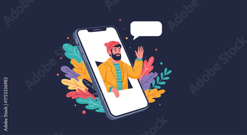 A friendly person waves hello from inside a smartphone.