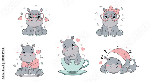 Adorable collection of cute cartoon hippos wearing glasses and bows with hearts around them.