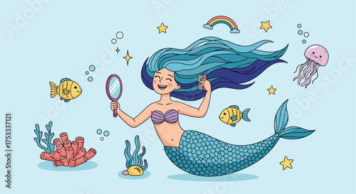 A joyful mermaid admires herself in a handheld mirror surrounded by aquatic life.