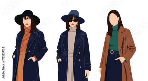 Three stylish women modeling fashionable autumn outfits with hats and coats.