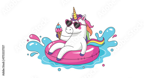 A whimsical unicorn enjoying a refreshing ice cream cone while floating on a pink inflatable ring in the sparkling blue water.