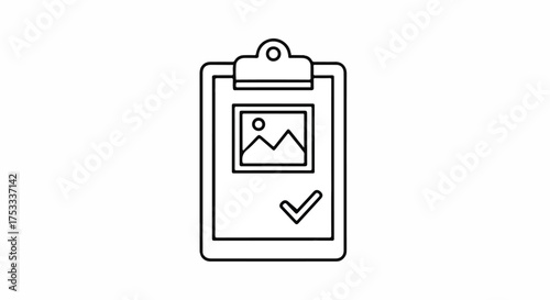 A simple line drawing of a clipboard with a checked image on a clean white background, conveying a sense of approval and confirmation in a minimalist style.