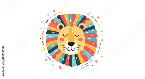 A cheerful lion's face with a colorful mane surrounded by festive elements.