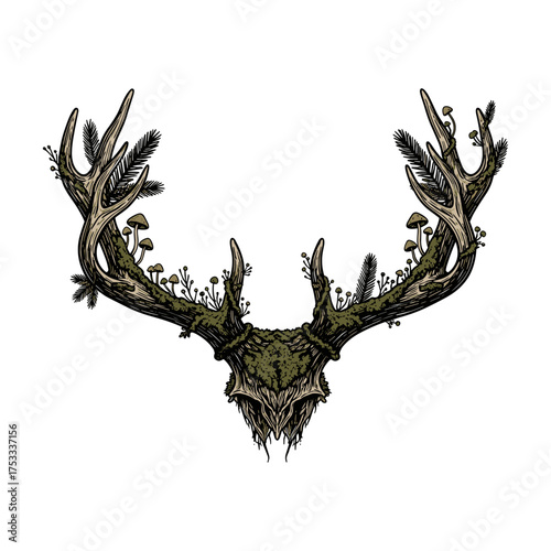 Forest God Stag Skull with Antlers and Overgrown Moss, Mushrooms, and Pine Needles. Occult Nature Spirit, Druid, or Gothic Boho Design