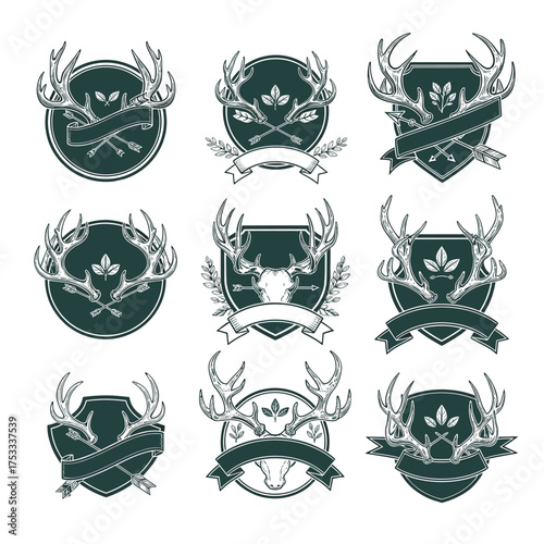 Nine Hand Drawn Deer Antlers and Animal Skull Hunting Badges Set. Vintage Wild Trophies with Ribbon Banners, Laurel Wreaths, and Shield Shapes