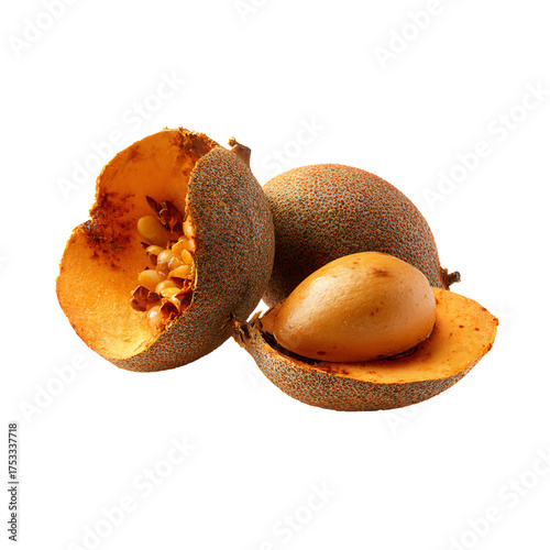 Exotic sapodilla fruit, cut open to reveal its sweet pulp and seeds, perfect for healthy eating and culinary projects