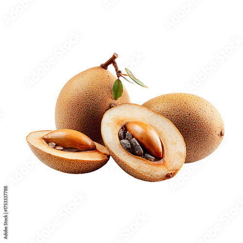 Fresh sapodilla fruit, sliced open to reveal seeds, perfect for culinary projects, healthy eating, or food-related designs