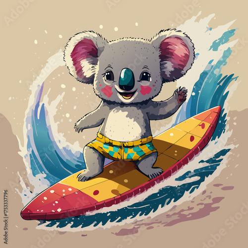 Cheerful Koala Surfing on Colorful Board with Splashing Waves — Cute Summer Adventure Illustration