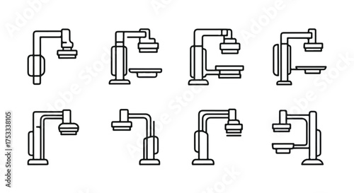 Eight black and white line drawings of adjustable angle lamps on a plain white background in a graphic illustration.