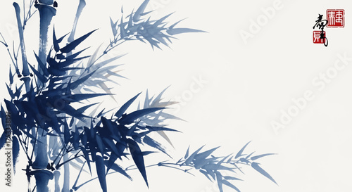 Elegant bamboo grove rendered in a classic blue and white Asian ink wash painting style on textured paper. b