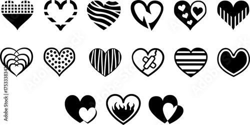 Black Heart Pattern Sheet – Decorative Vector Icons, Love Symbols, and Romantic Background Design