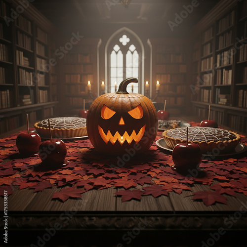 Zucca decorativa su tavolo con dolci in un ambiente medioevale.