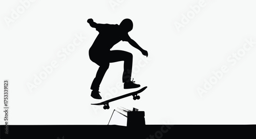 Dynamic skateboarder silhouette performing a trick in mid-air, minimalist black and white action sports graphic