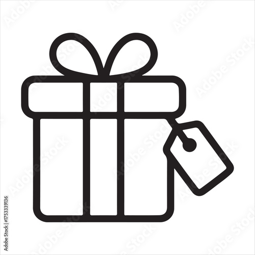 Simple line art icon of a gift box tied with a ribbon and a price tag attached