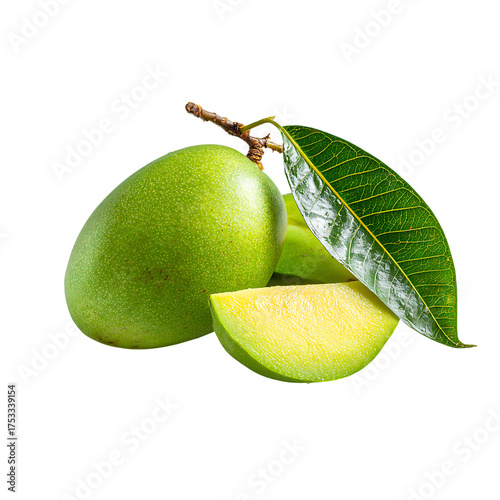Fresh green mangoes with vibrant leaves, perfect for food blogs, culinary projects, and healthy eating concepts, ready to enjoy