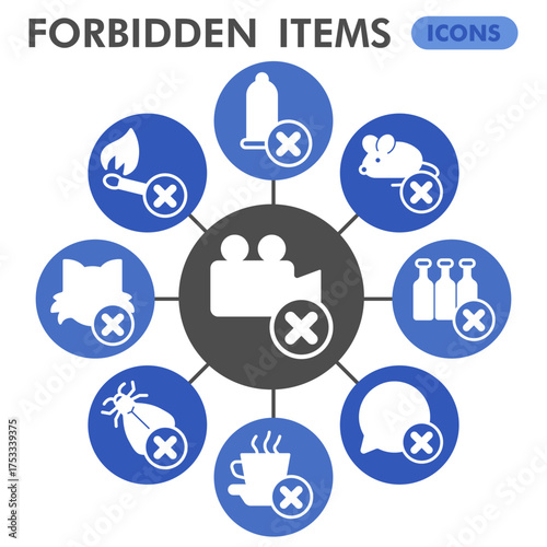 Prohibited items symbols collection or sketches, prohibition theme bubble with glyph style signs for web and app. Vector graphics isolated on white background.