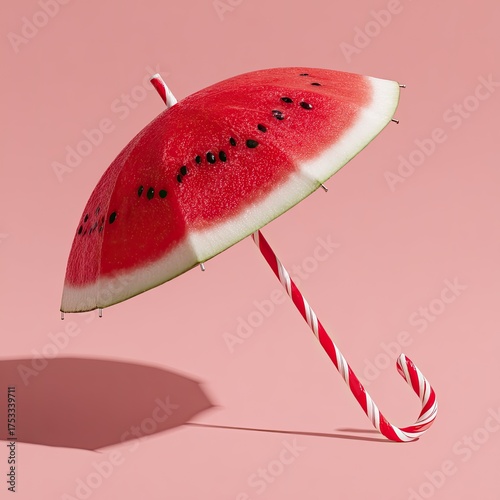 A quirky image of a watermelon slice crafted into an umbrella, held by a striped candy cane