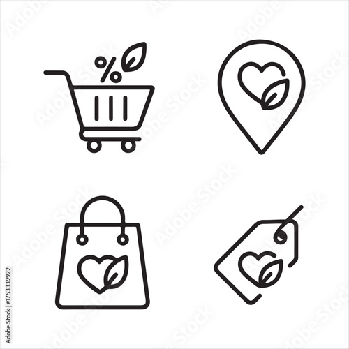 Set of four simple outline icons representing eco friendly shopping and sustainable commerce concepts