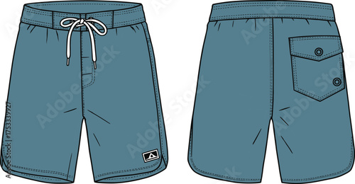 Blue board shorts front and back view, drawstring waistband, flap pocket, casual swimwear design, men’s fashion apparel technical flat sketch