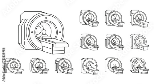 Detailed illustration of a magnetic resonance imaging machine and multiple MRI scan head coils on a clean white background with a technical and medical mood.