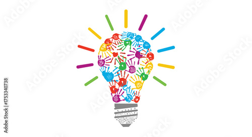 A bright idea bulb made of colorful handprints radiating light rays.