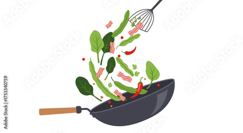 A delightful culinary scene showcasing fresh ingredients being tossed in a wok.