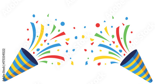 Celebrate with a burst of colorful confetti from party poppers sending streamers and dots flying.